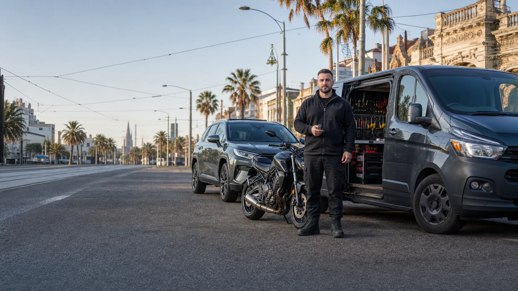 Automotive locksmith in Melbourne beside a mobile service van, Toyota SUV and motorcycle in St Kilda