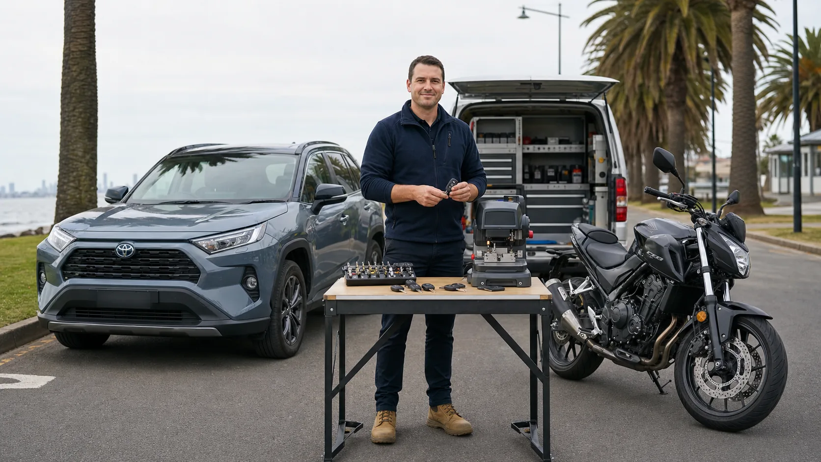 Automotive and motorcycle locksmith in Melbourne with a car, motorbike and mobile key-cutting workstation