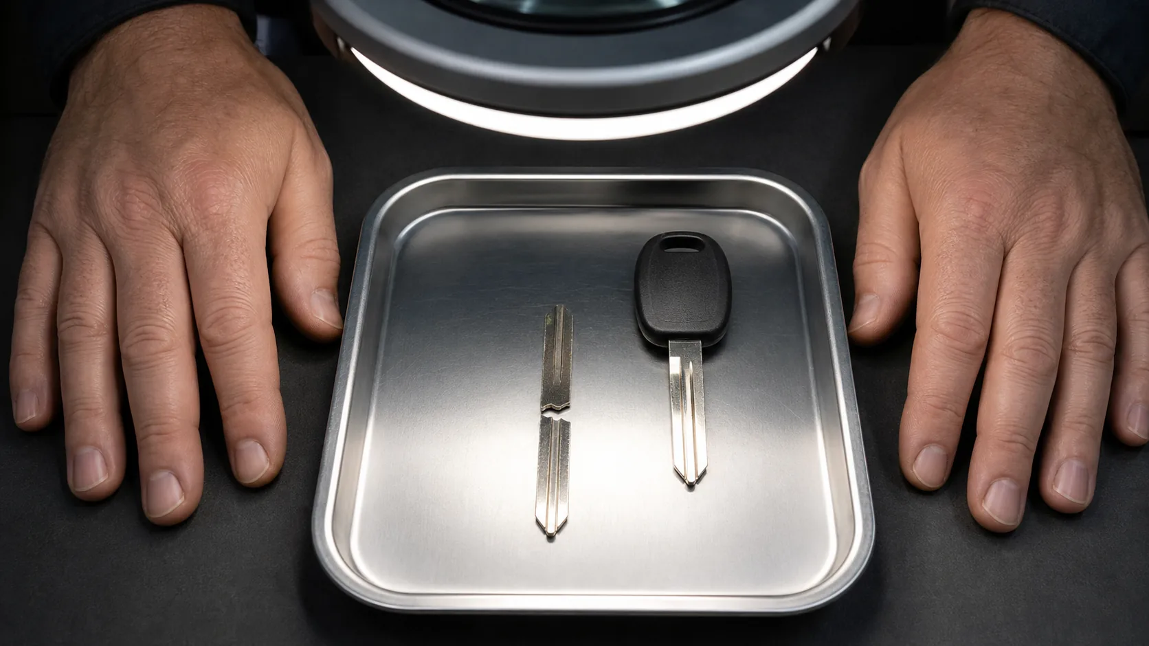 Locksmith inspecting a broken car key fragment removed from a lock