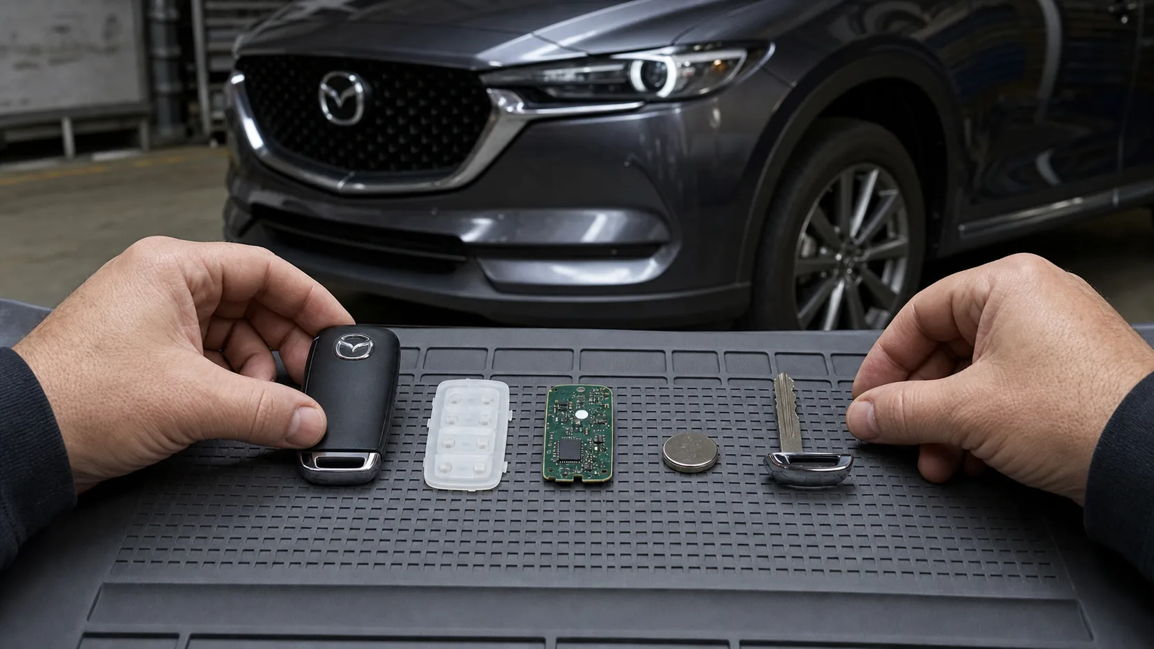 Locksmith inspecting the internal components of a car key fob
