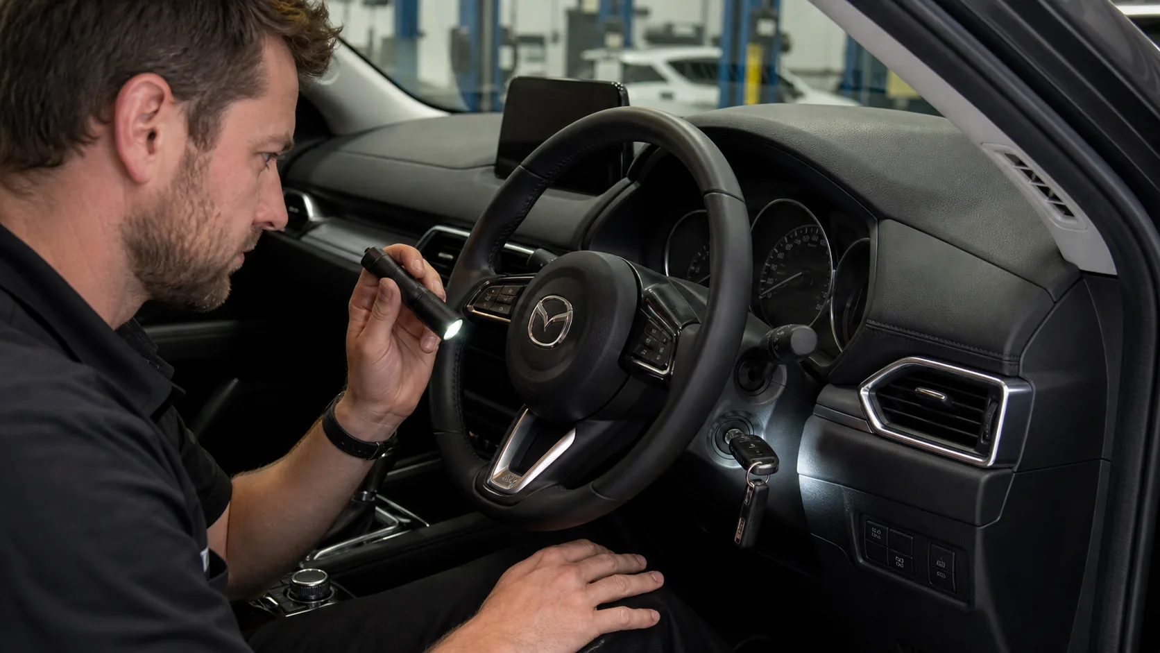 Car key stuck in a vehicle ignition being assessed by a locksmith