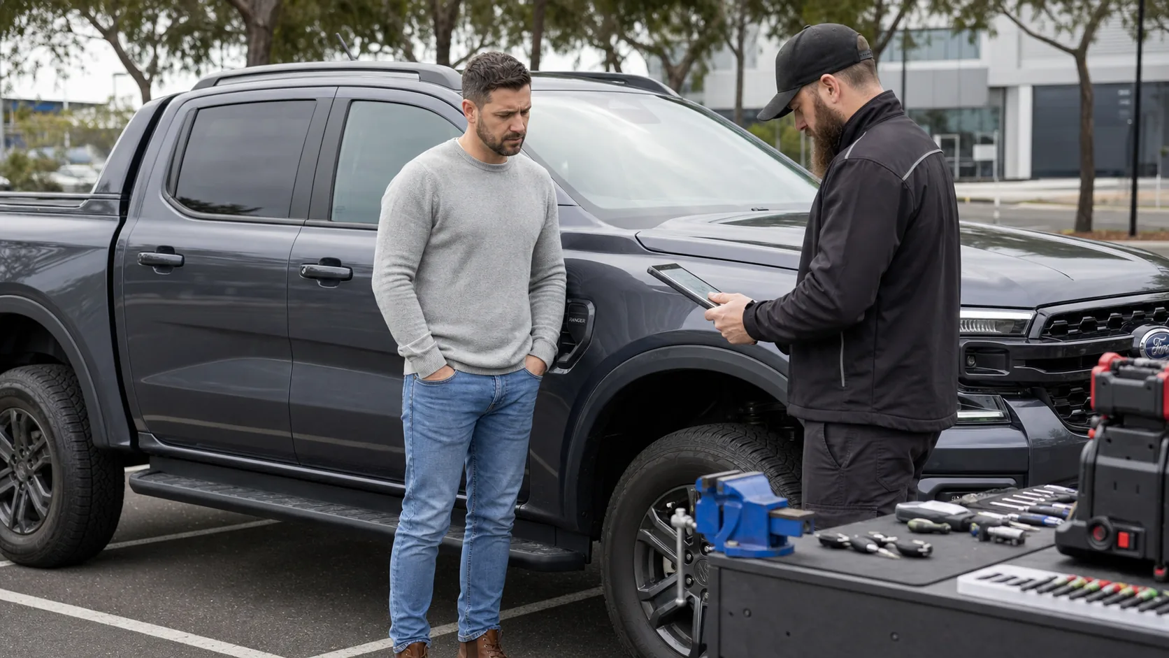 Automotive locksmith making a replacement for a lost car key in Melbourne