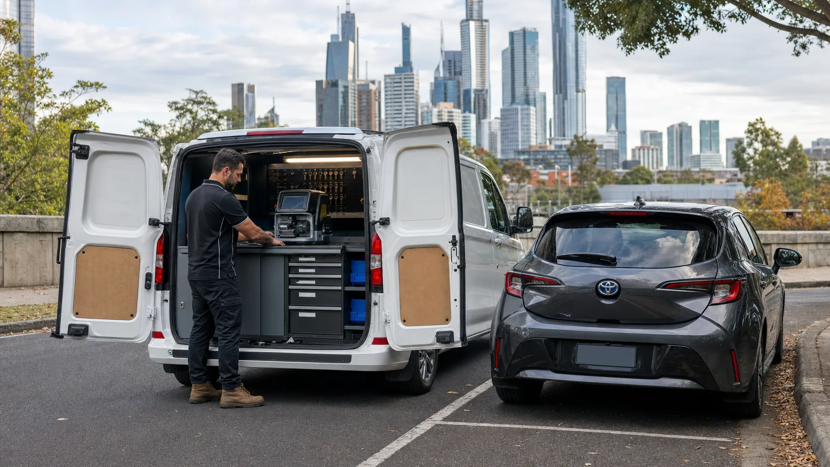 Mobile automotive locksmith programming a vehicle key at the roadside in Melbourne
